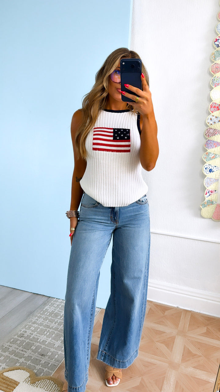 Fun & Free Sweater Tank, White/Navy