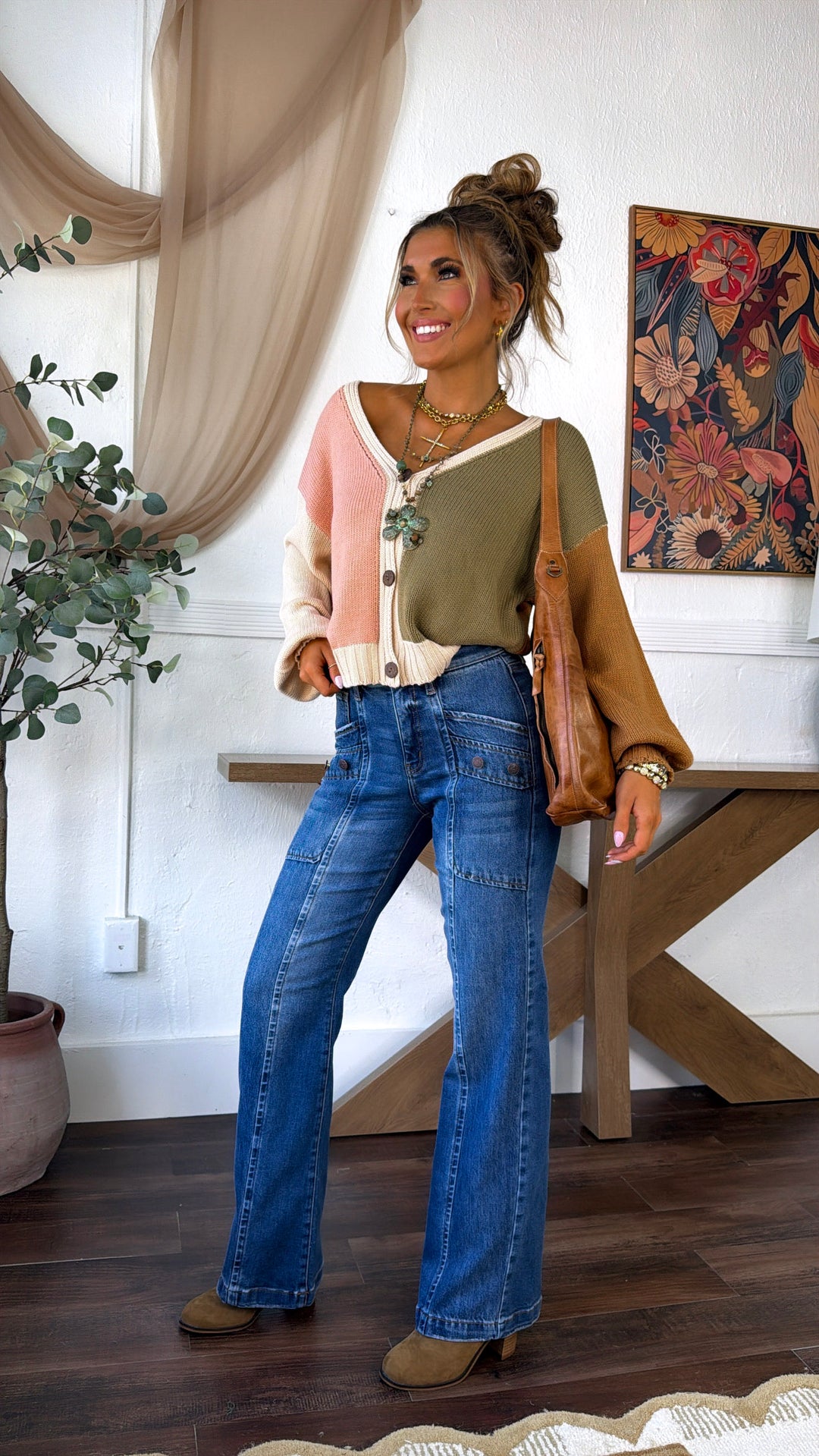 Soft Frame Knit Cardigan, Olive Multi