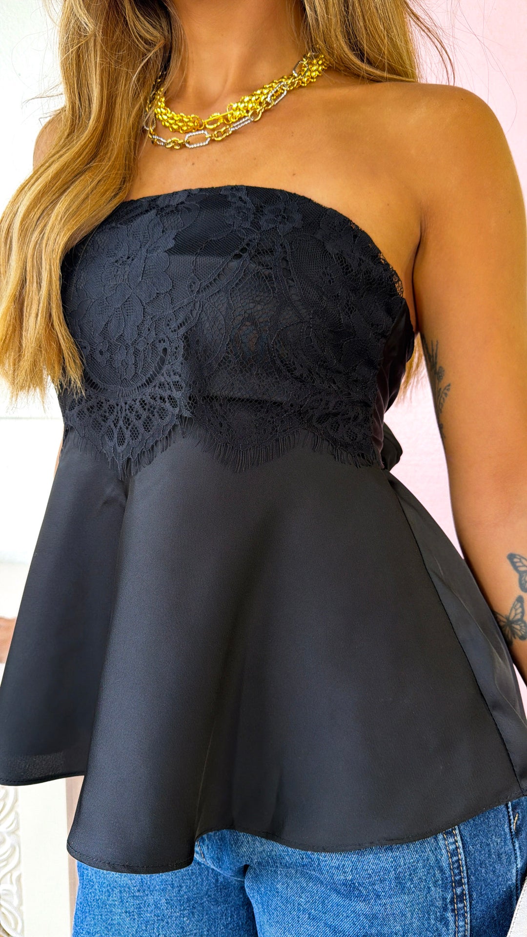Arla Satin Strapless Top, Black