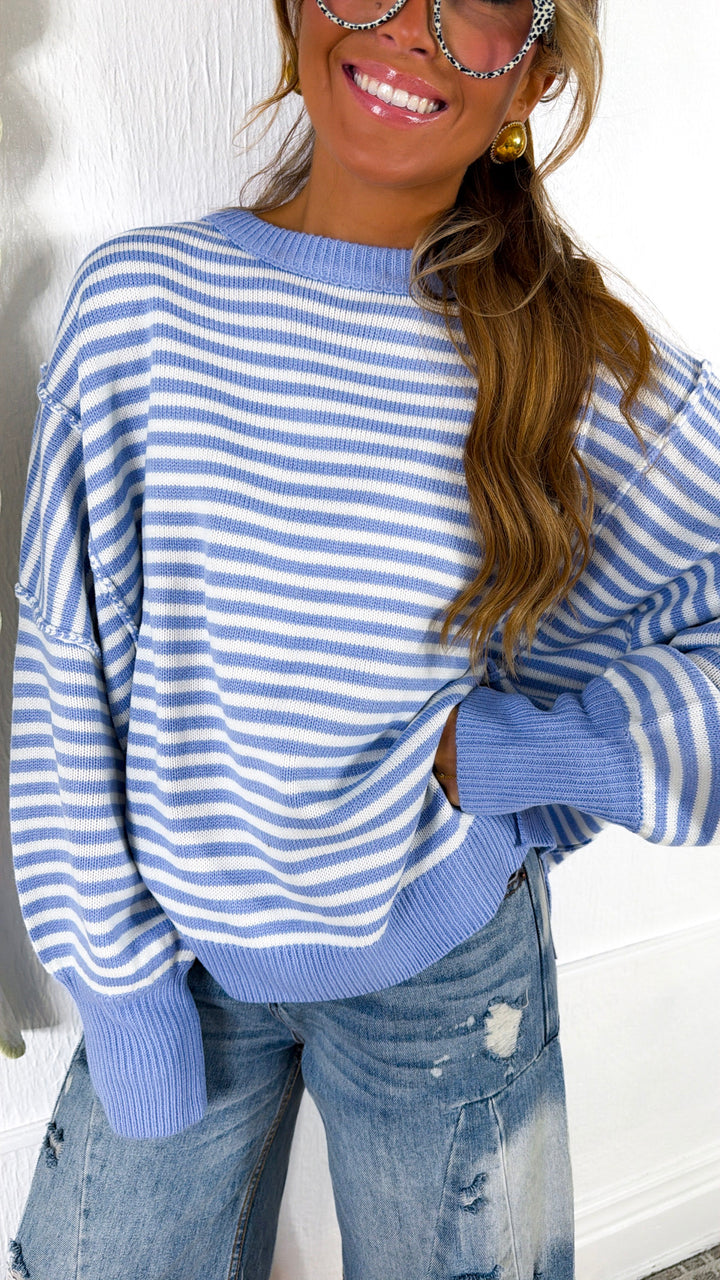 Warm Up Stripe Sweater, Dusty Blue/Ivory