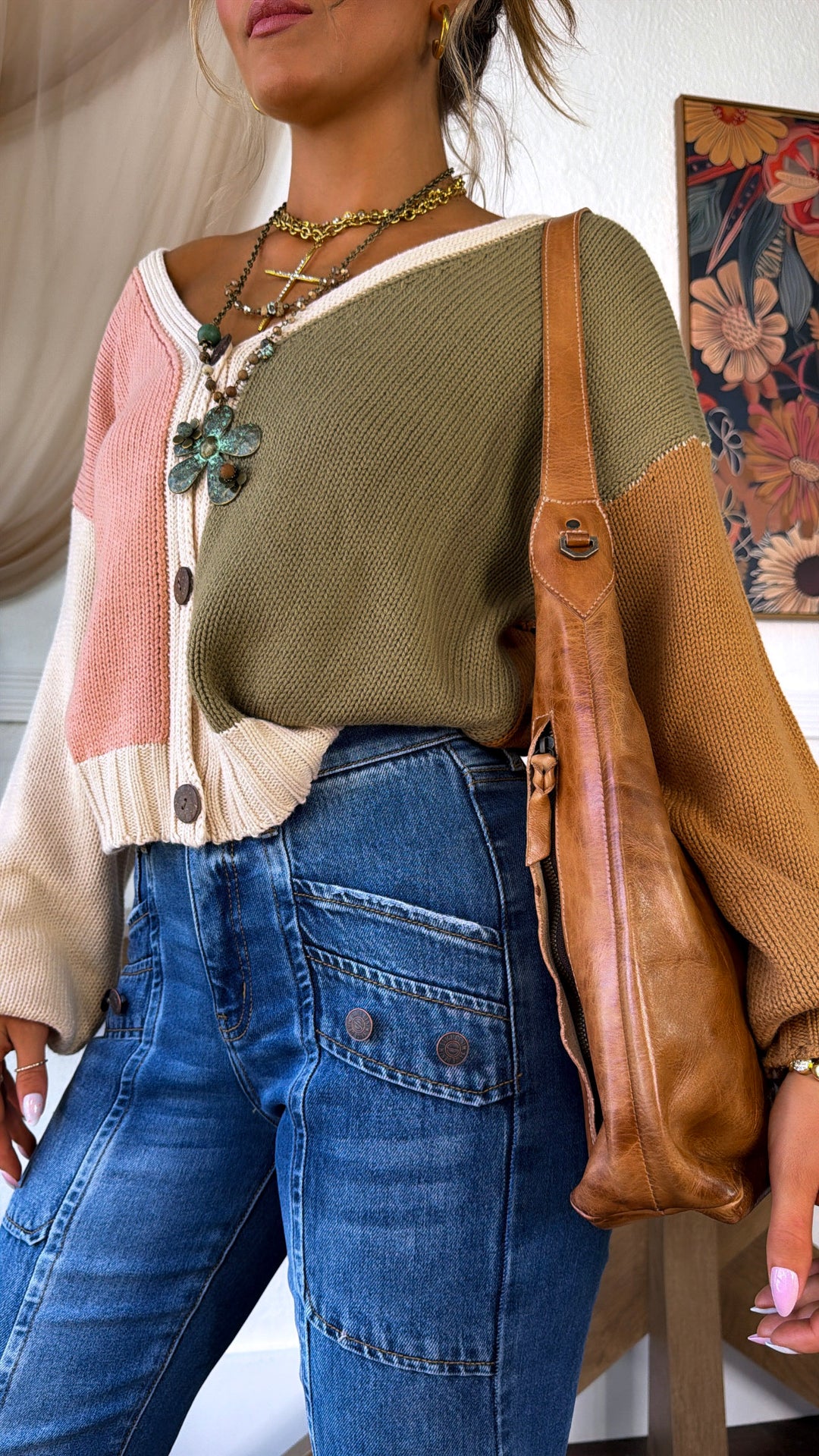 Soft Frame Knit Cardigan, Olive Multi