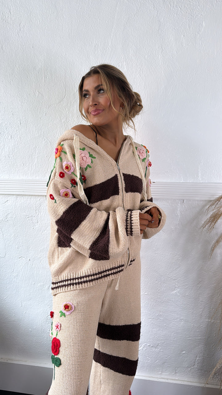 Striped Floral Detail Zip Up Sweater, Mocha Multi