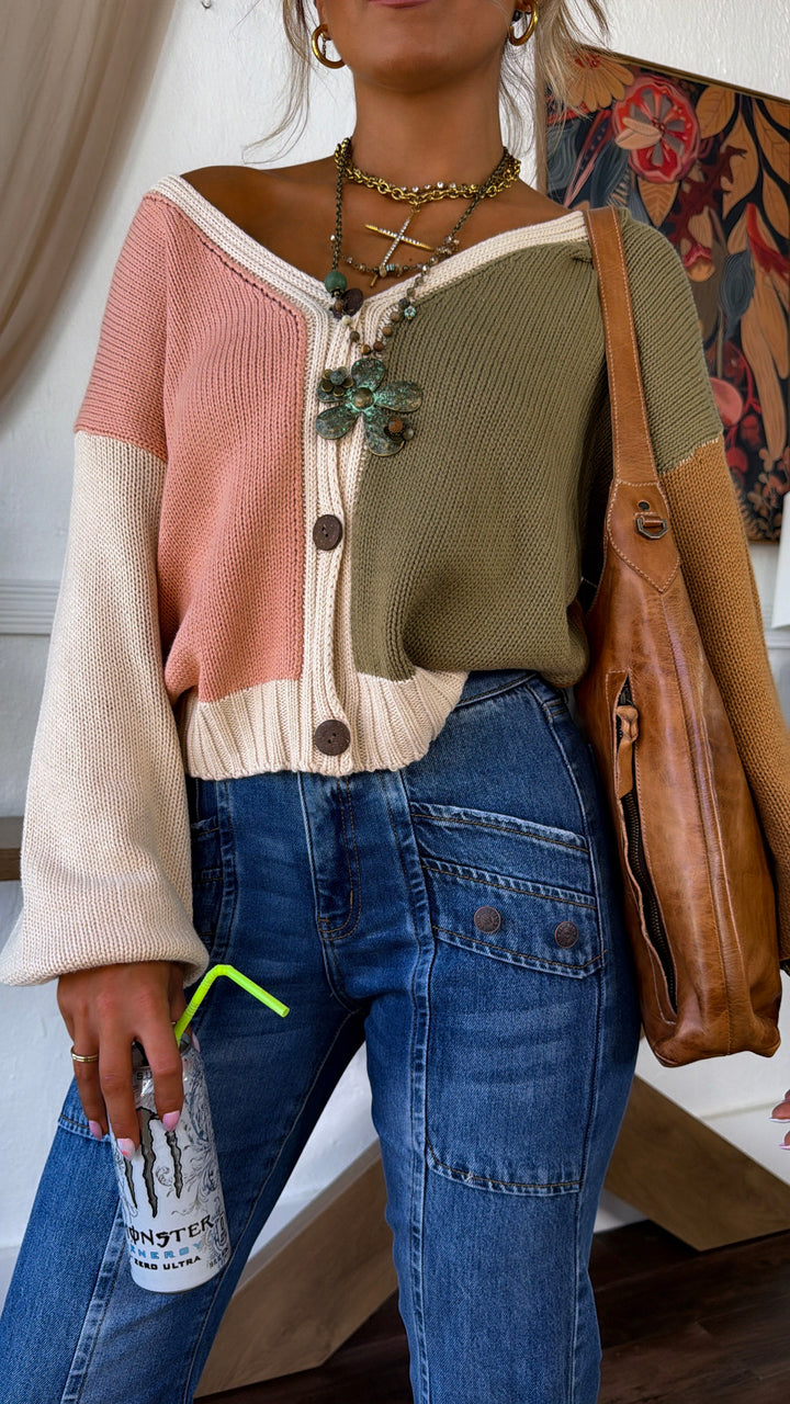 Soft Frame Knit Cardigan, Olive Multi
