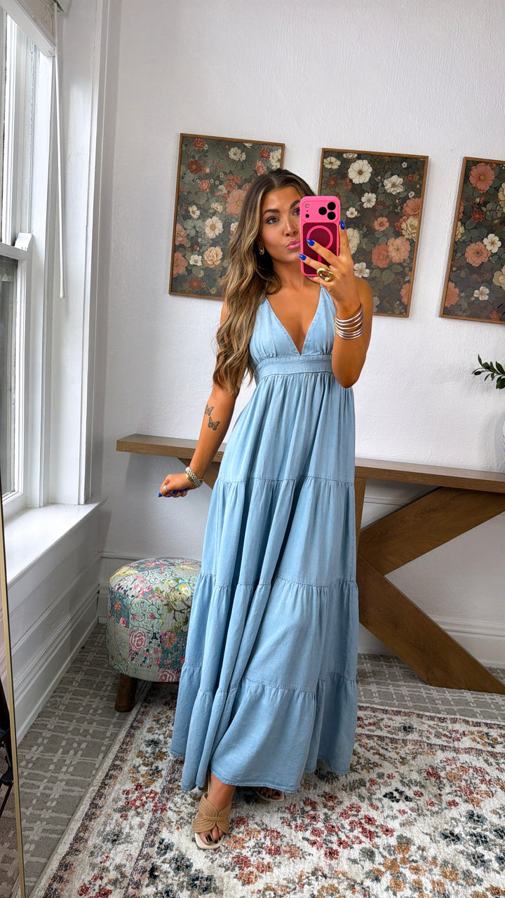 Sea Bloom Halter Maxi Dress, Lt. Chambray