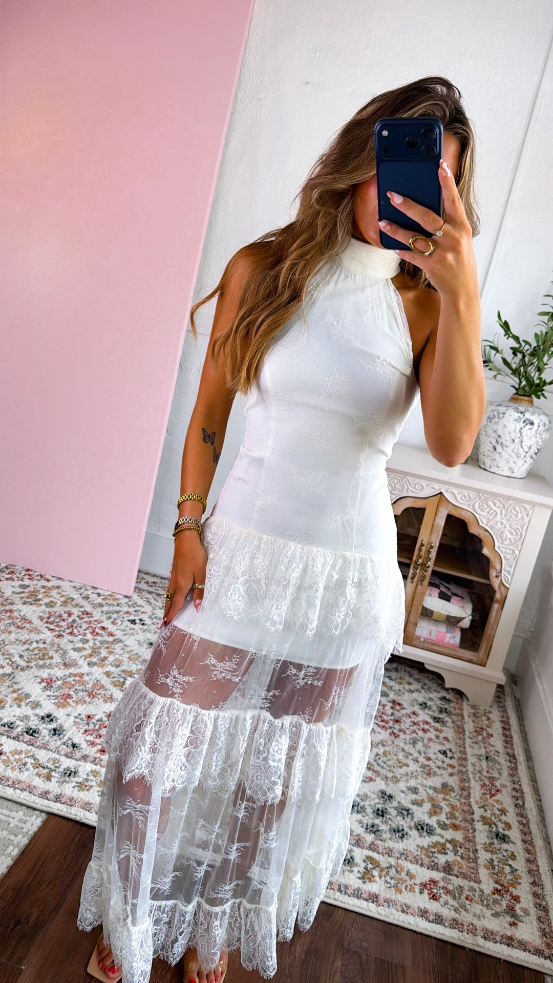 Beauty Lace Ruffled Maxi Dress, Ivory