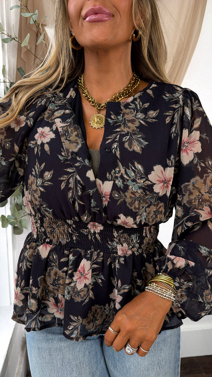 Simone Floral Blouse, Black