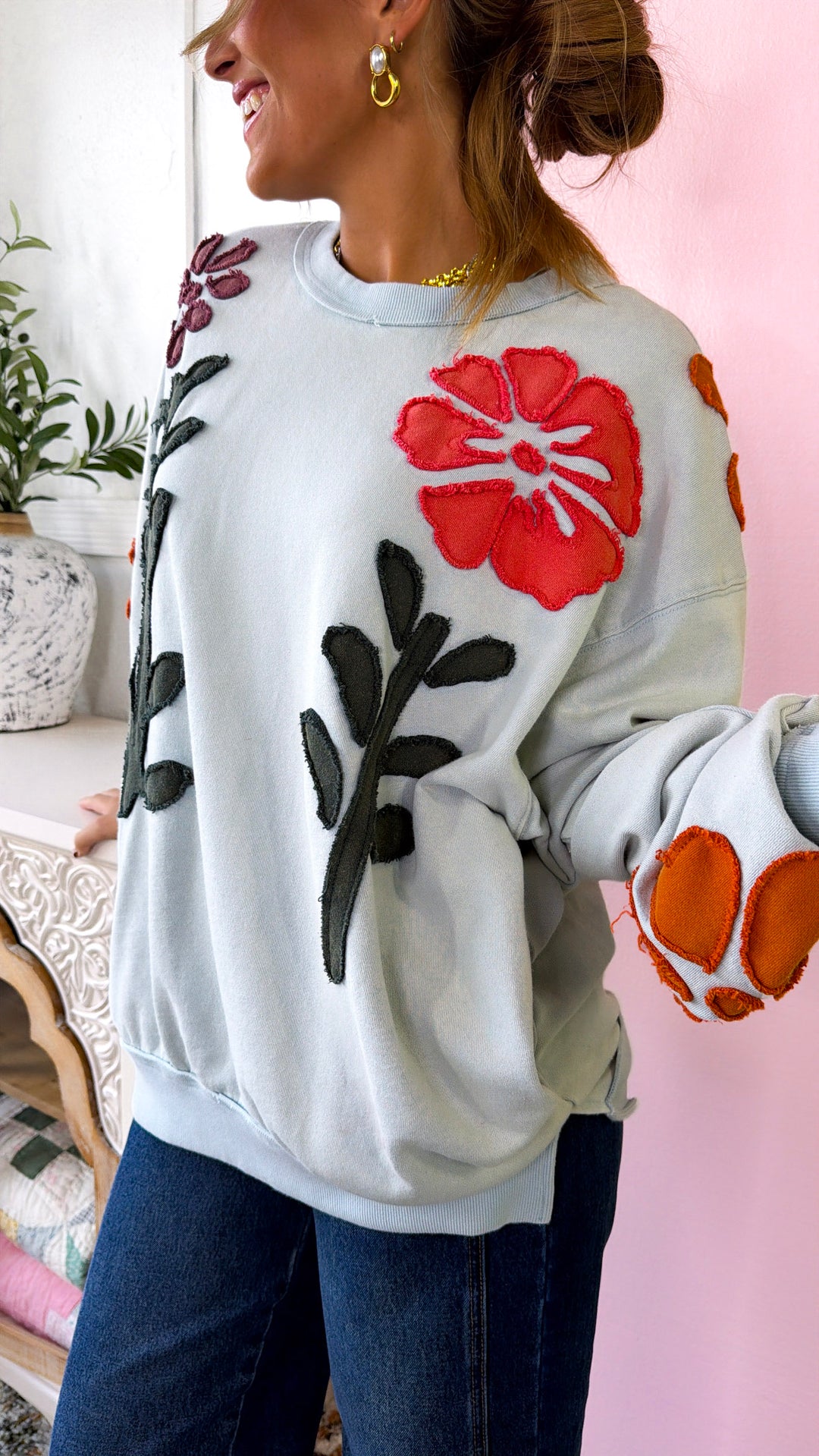 Floral Days Sweatshirt, Sky Blue