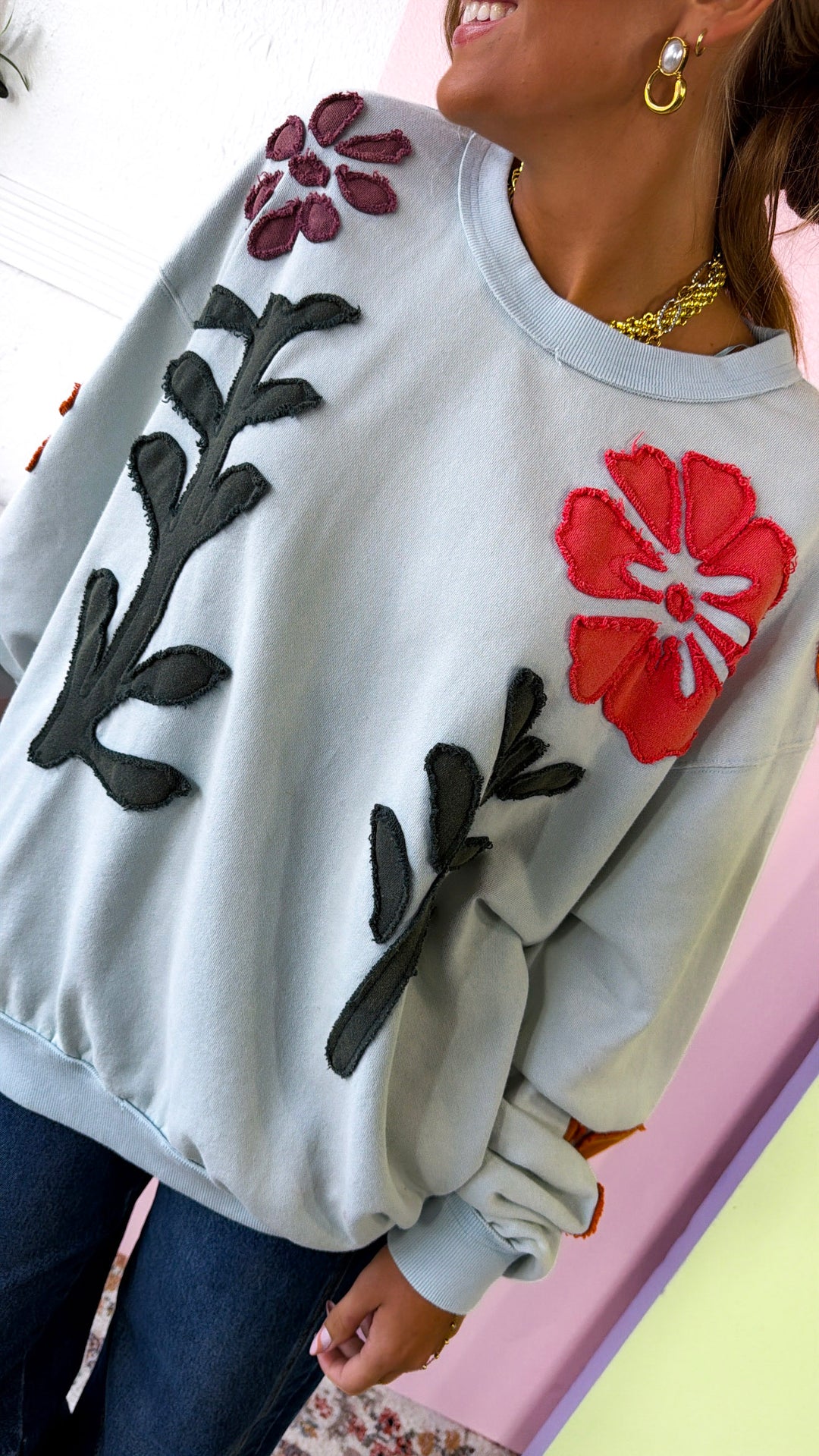 Floral Days Sweatshirt, Sky Blue