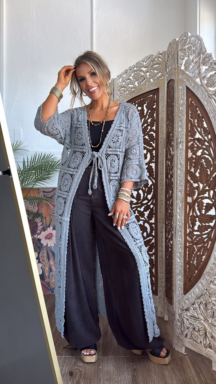 Something Light Crochet Tie Cardigan, Stone Grey