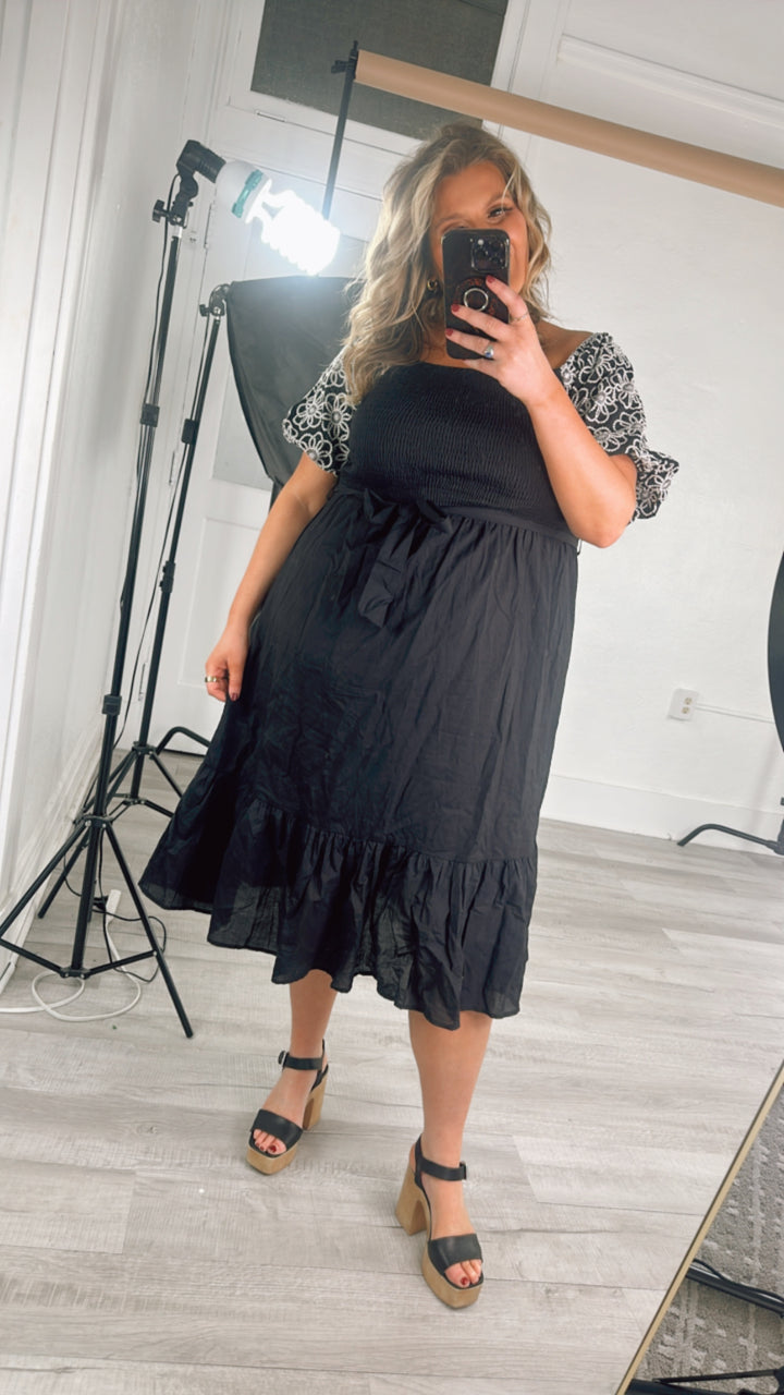 Embroidered Midi Dress, Black Everyday Chic Boutique Embroidered Midi Dress, Black Everyday Chic Boutique