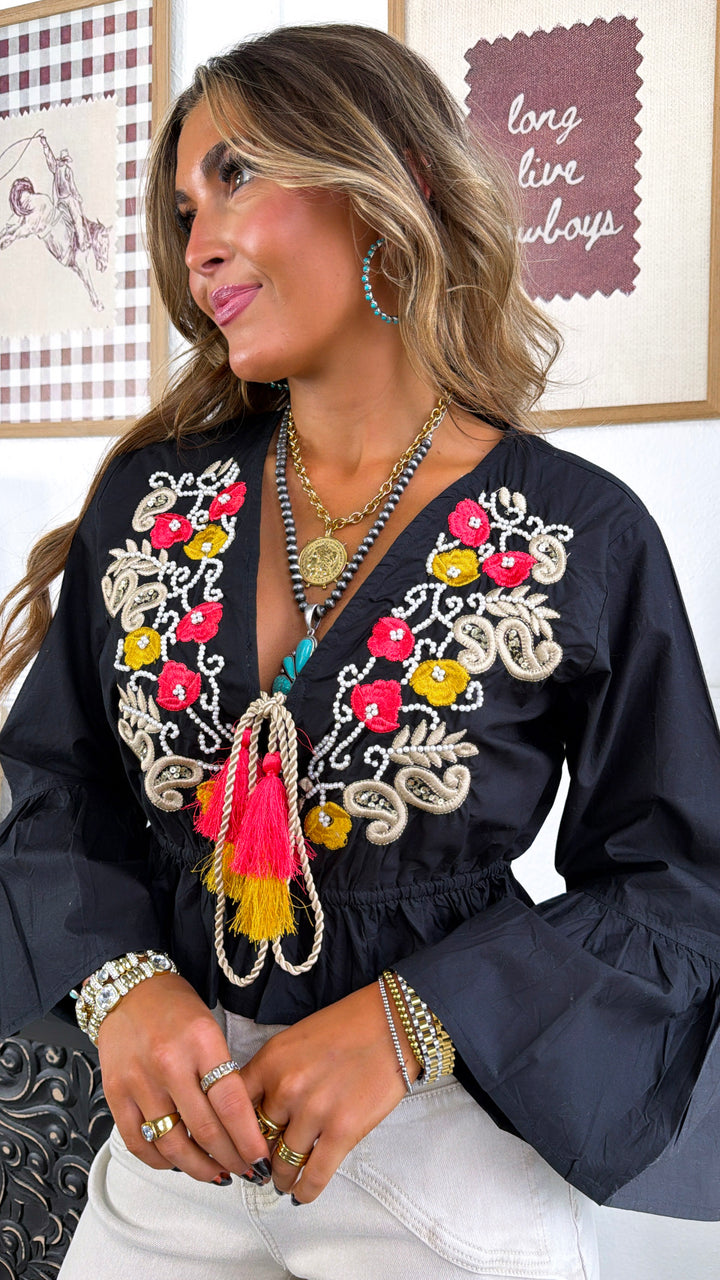 Sunspill Embroidered Top, Black