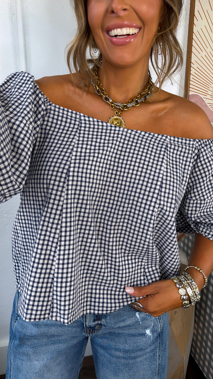 Bria Gingham Blouse, Navy/Cream