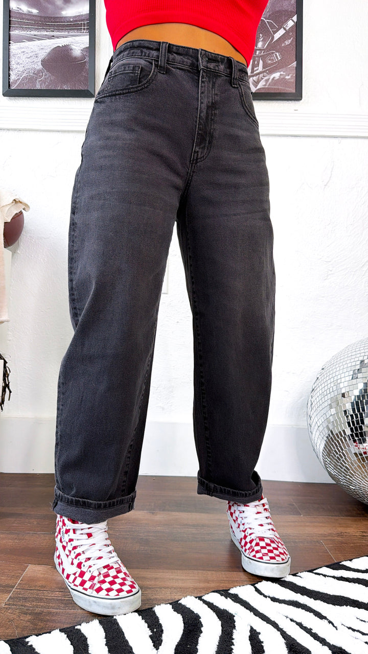 Urban Edge Barrel Jeans, Black Denim