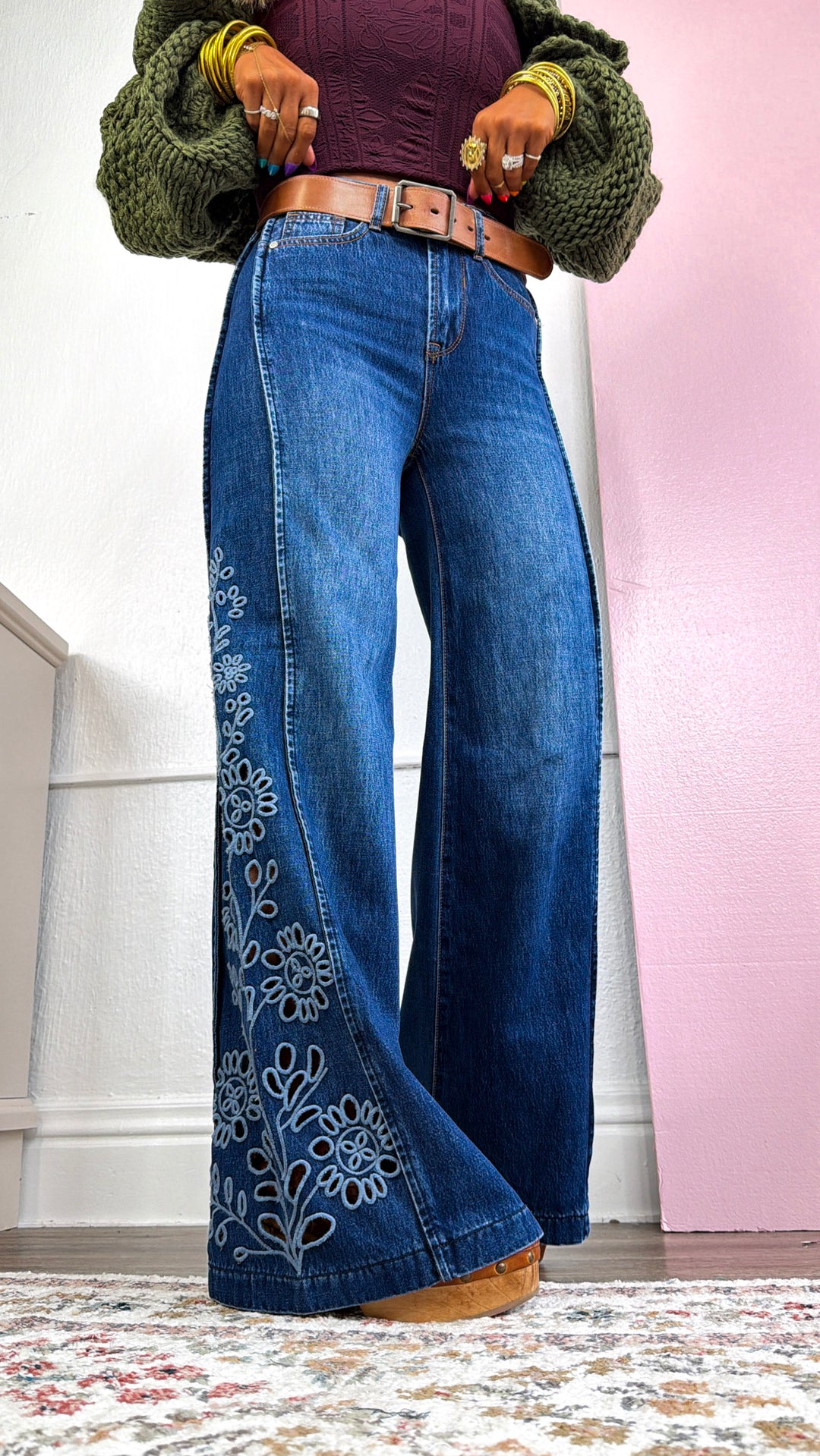 Wildflower Stitch Wide Leg Denim, Md. Dark