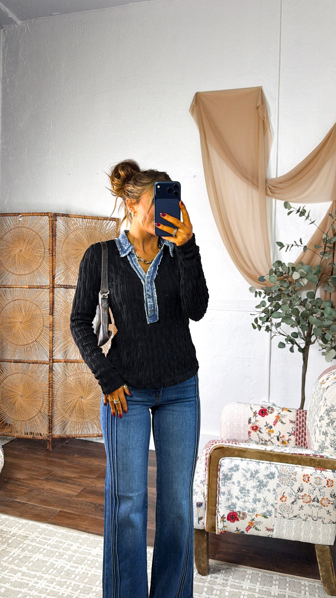 Rough Edge Texture Top, Black