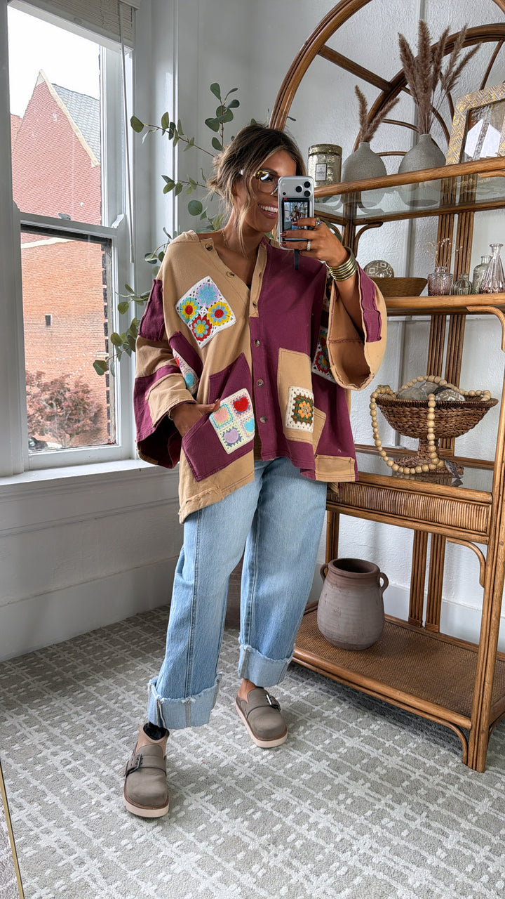 Patchwork Muse Button Up, Wine/Multi