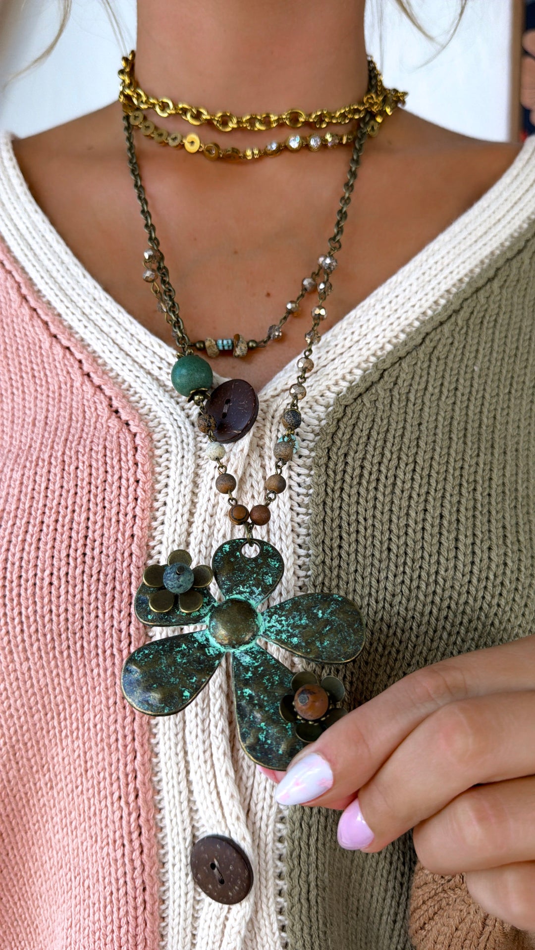 Patina 3D Flower & Czech Layered Necklace