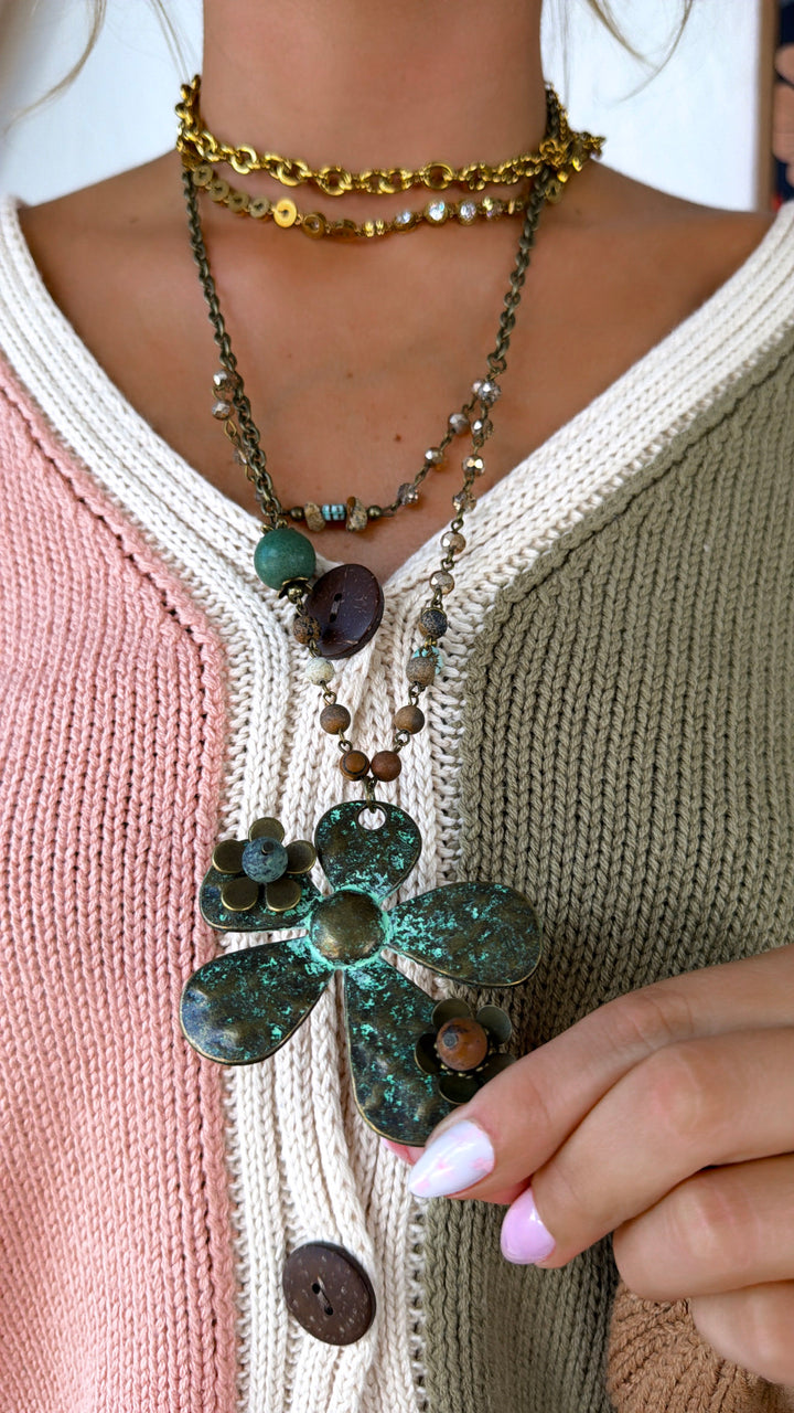 Patina 3D Flower & Czech Layered Necklace