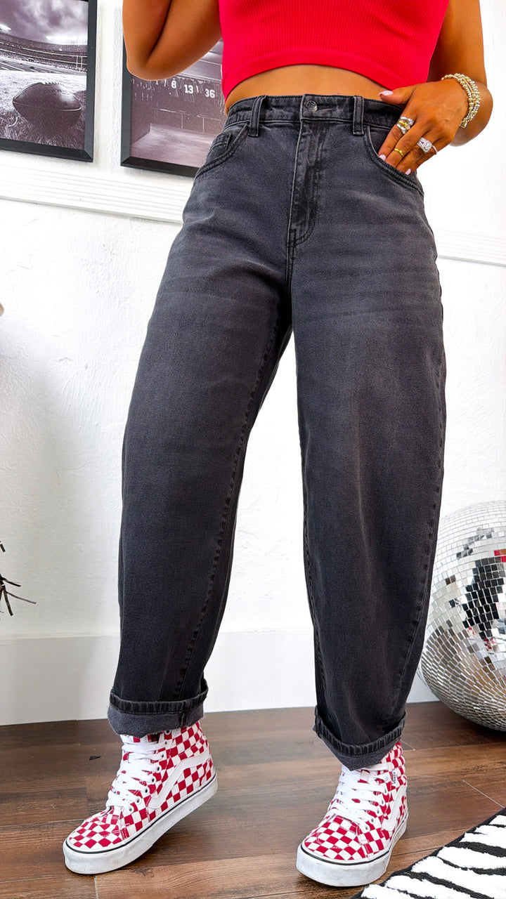 Urban Edge Barrel Jeans, Black Denim