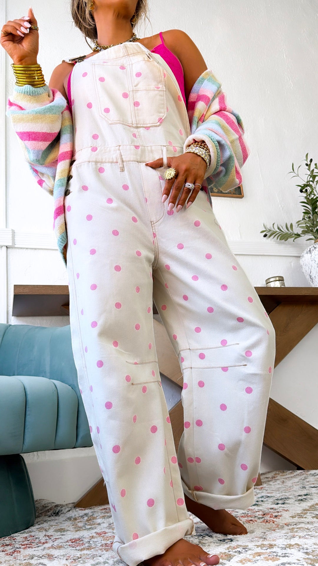 Classic Polka Dot Barrel Overall, Cream/ Lt. Pink