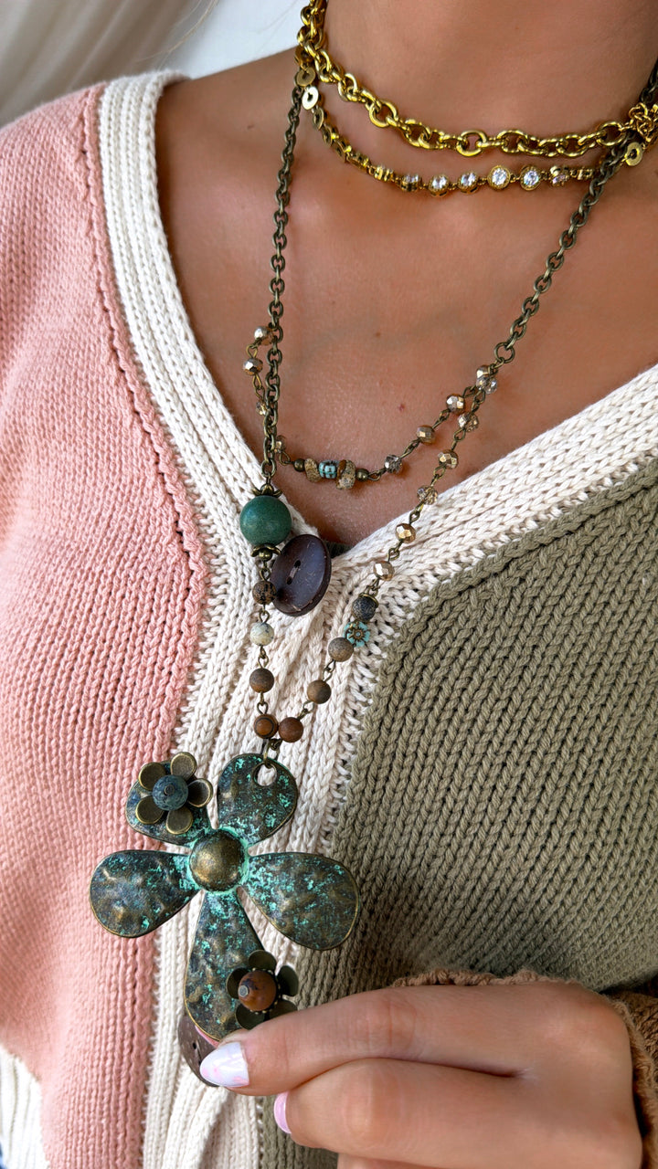 Patina 3D Flower & Czech Layered Necklace