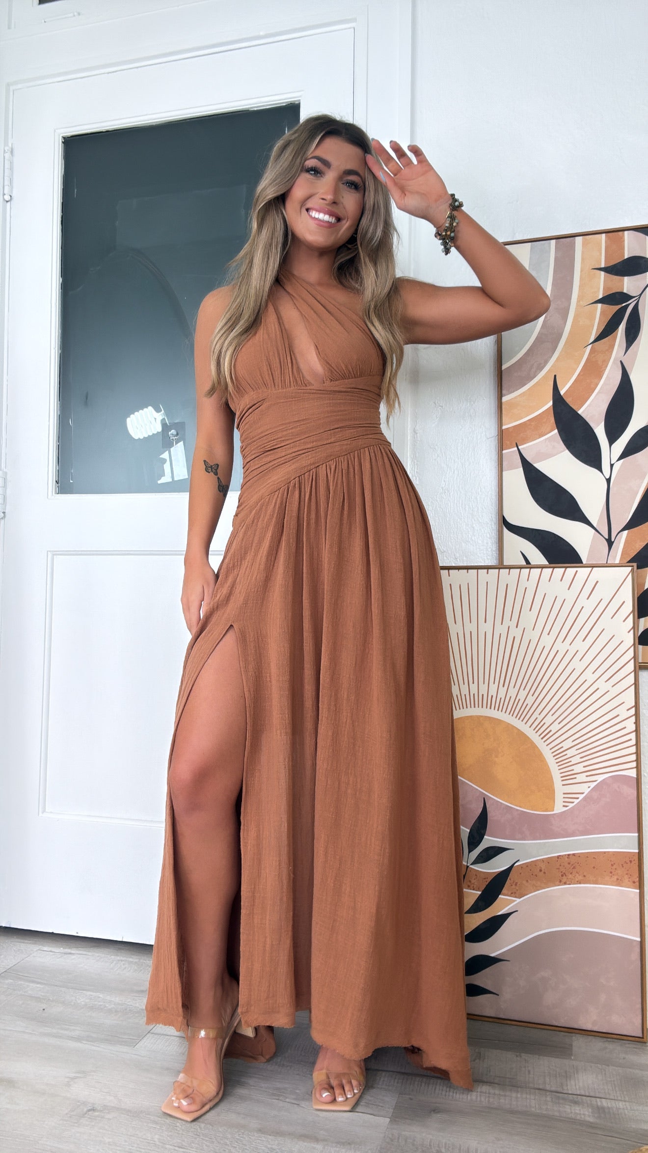 Wildflower Toga One Shoulder Dress, Toffee – Everyday Chic Boutique