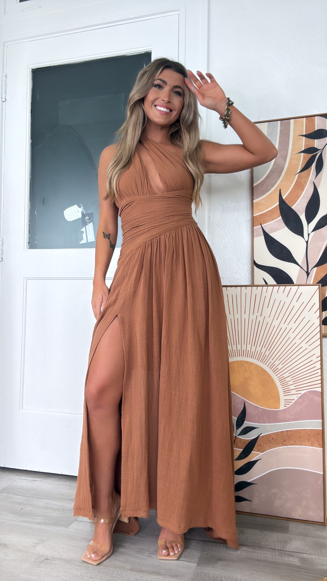 Wildflower Toga One Shoulder Dress, Toffee – Everyday Chic Boutique