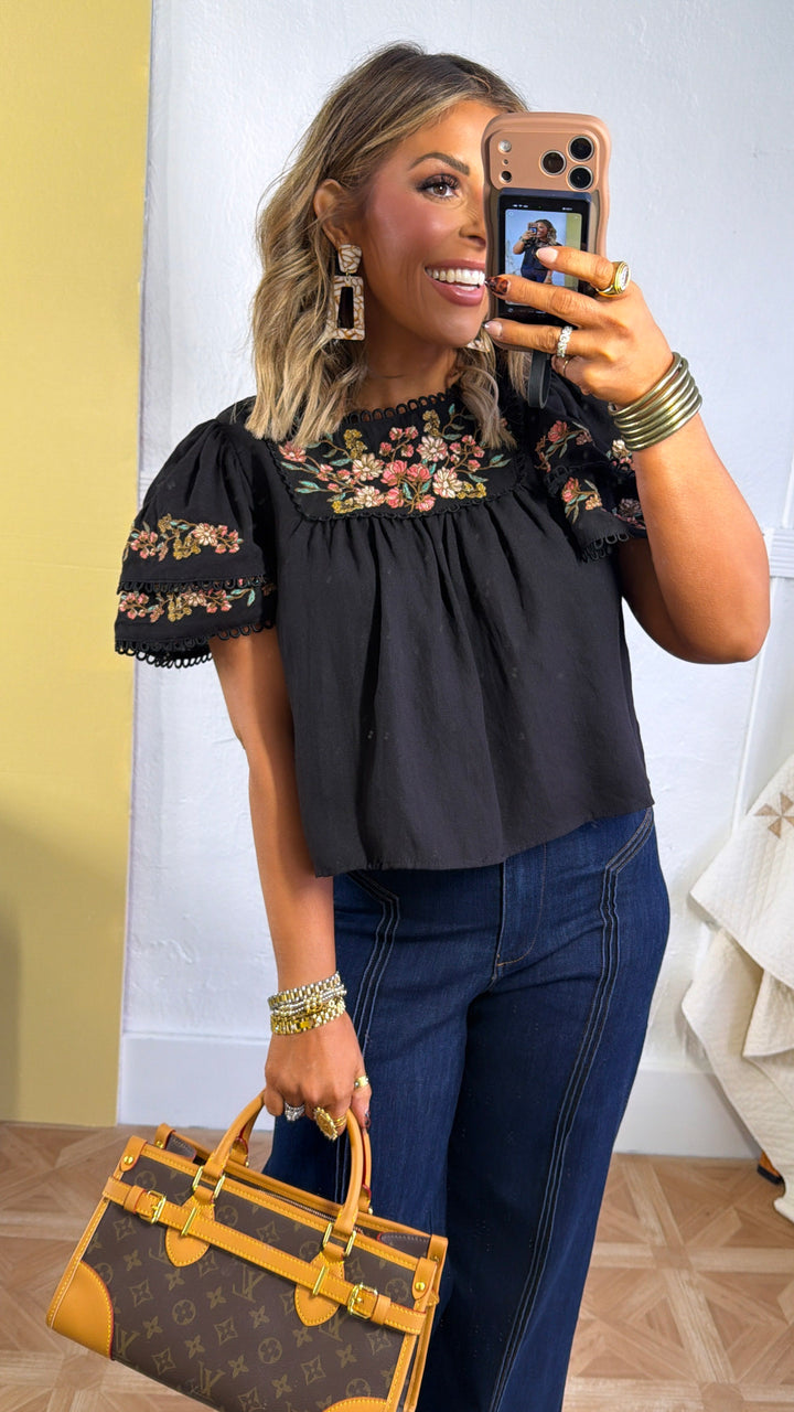 Sweet As Can Be Floral Embroidered Ruffle Sleeve Top, Black