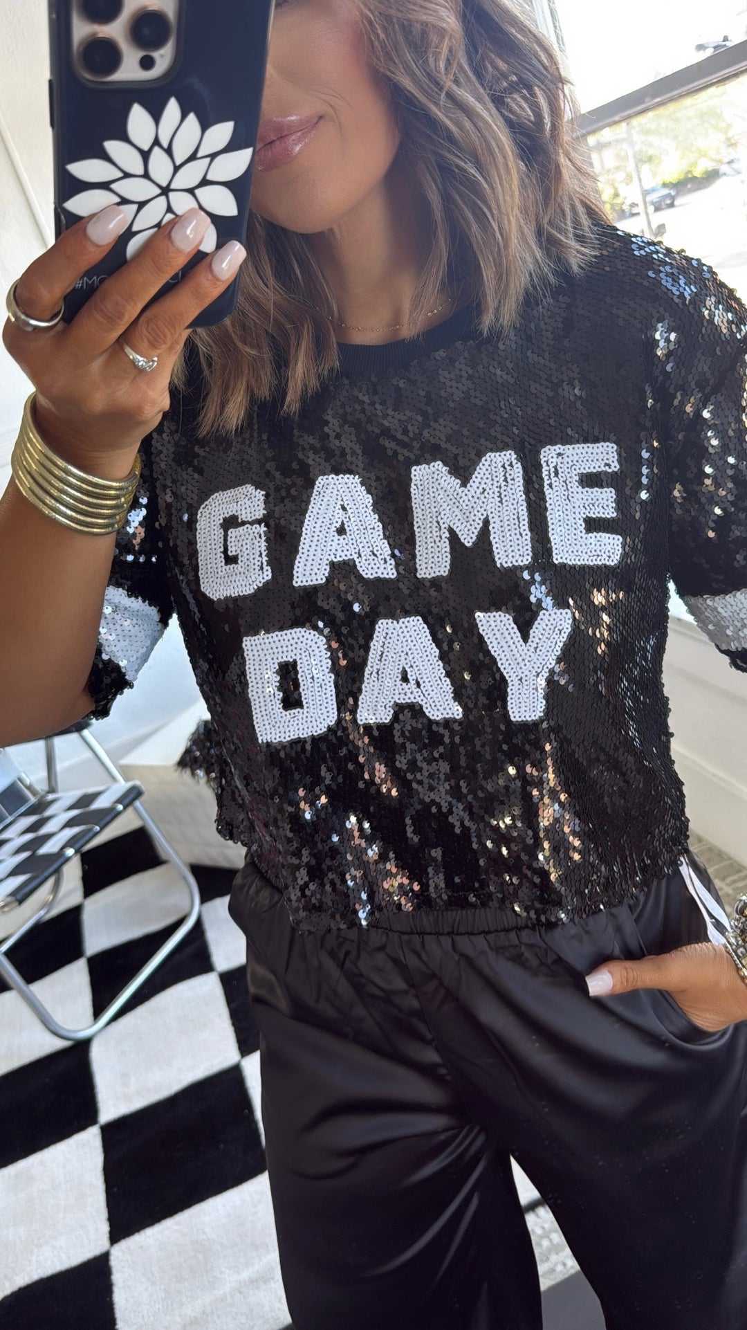 Game Day Sequins Cropped Tee, Black