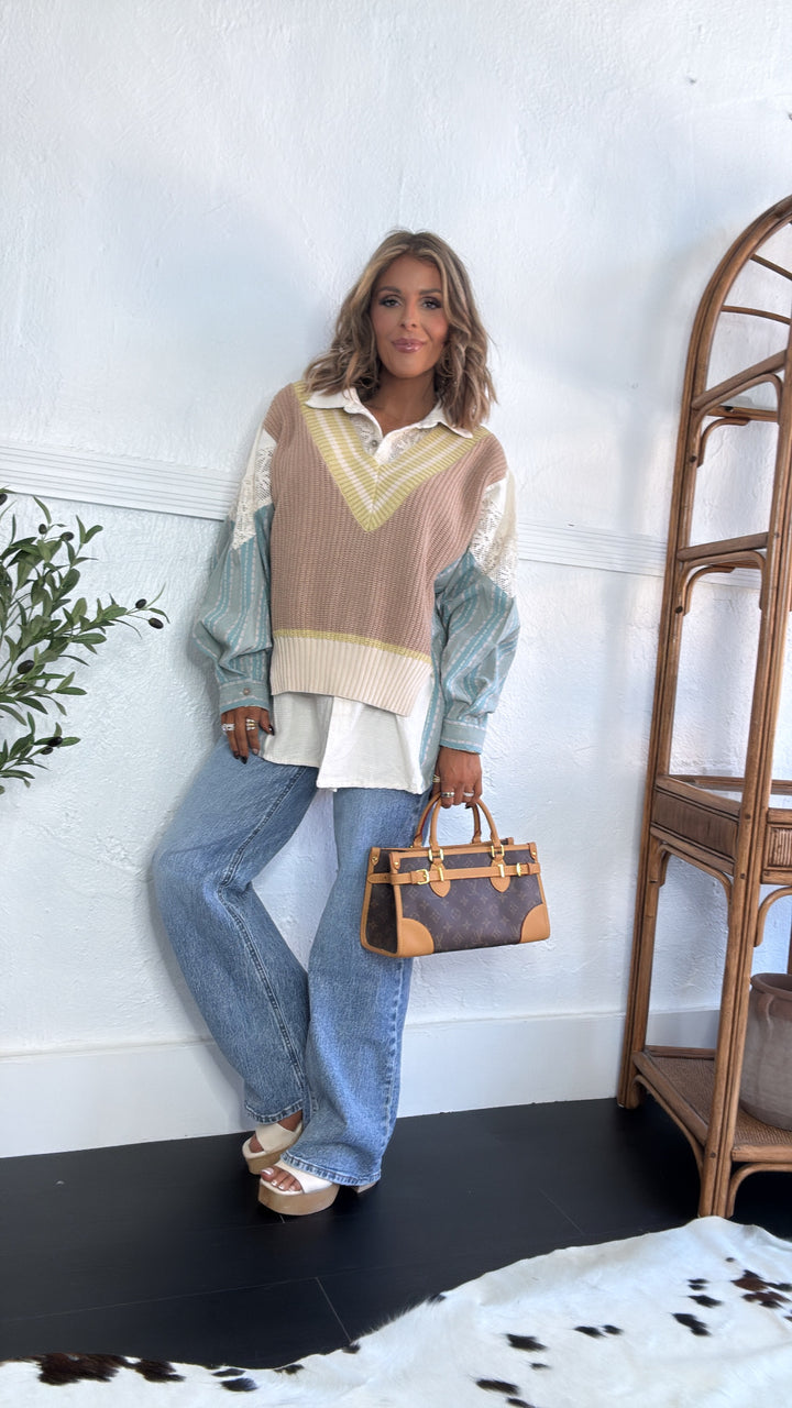 Willa Layered Vest Top, Blue/Taupe