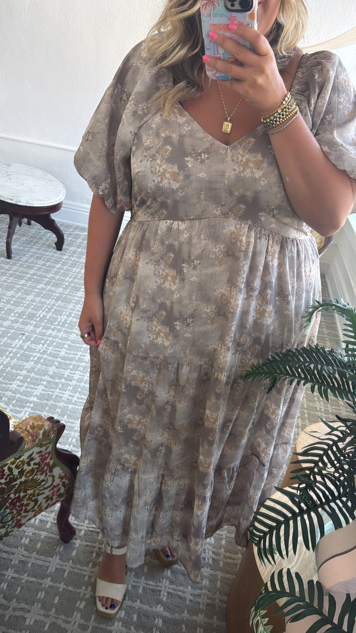 Granite Hues Whimsical Bubble Sleeve Maxi Dress, Taupe