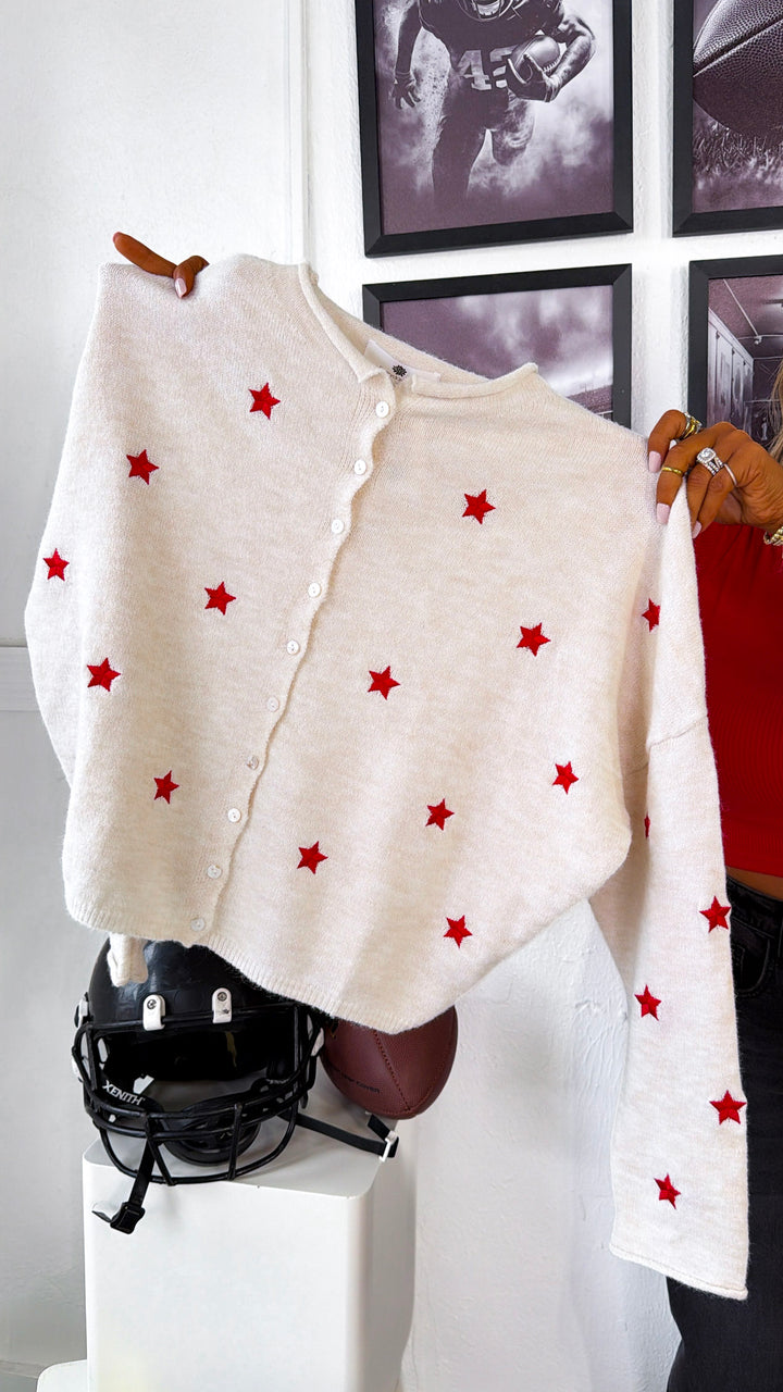 Star Shot Knit Cardigan, Red/Cream