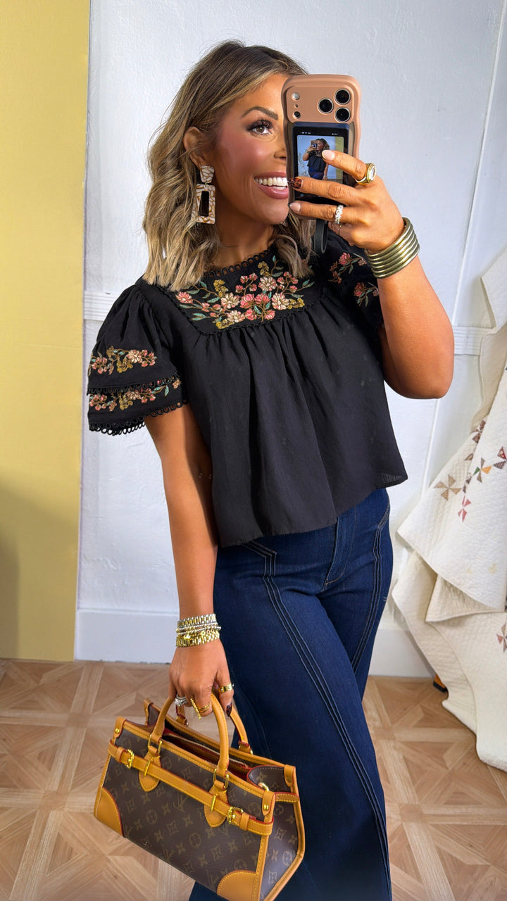 Sweet As Can Be Floral Embroidered Ruffle Sleeve Top, Black
