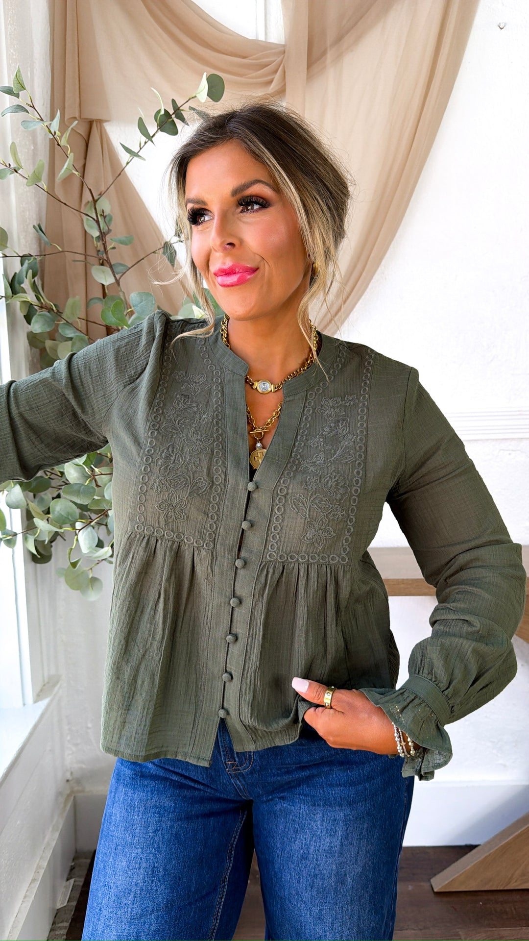Embroidered Button Down Blouse, Olive