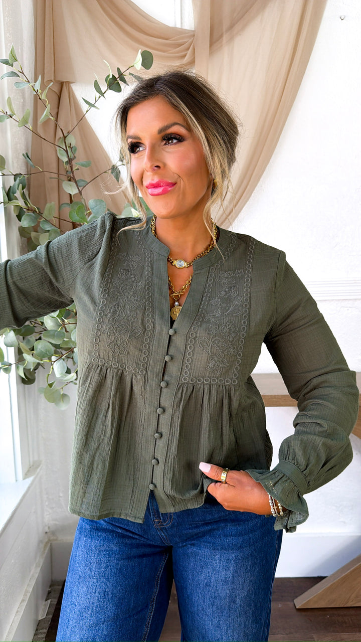 Embroidered Button Down Blouse, Olive
