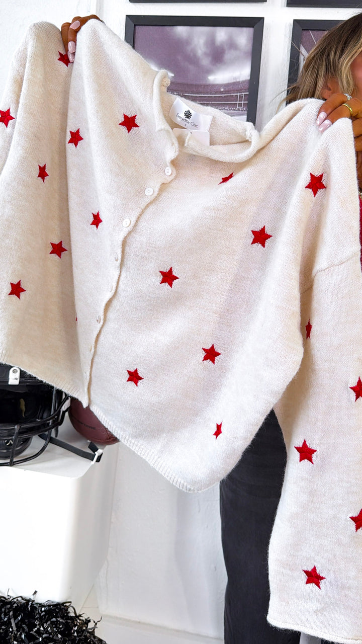 Star Shot Knit Cardigan, Red/Cream