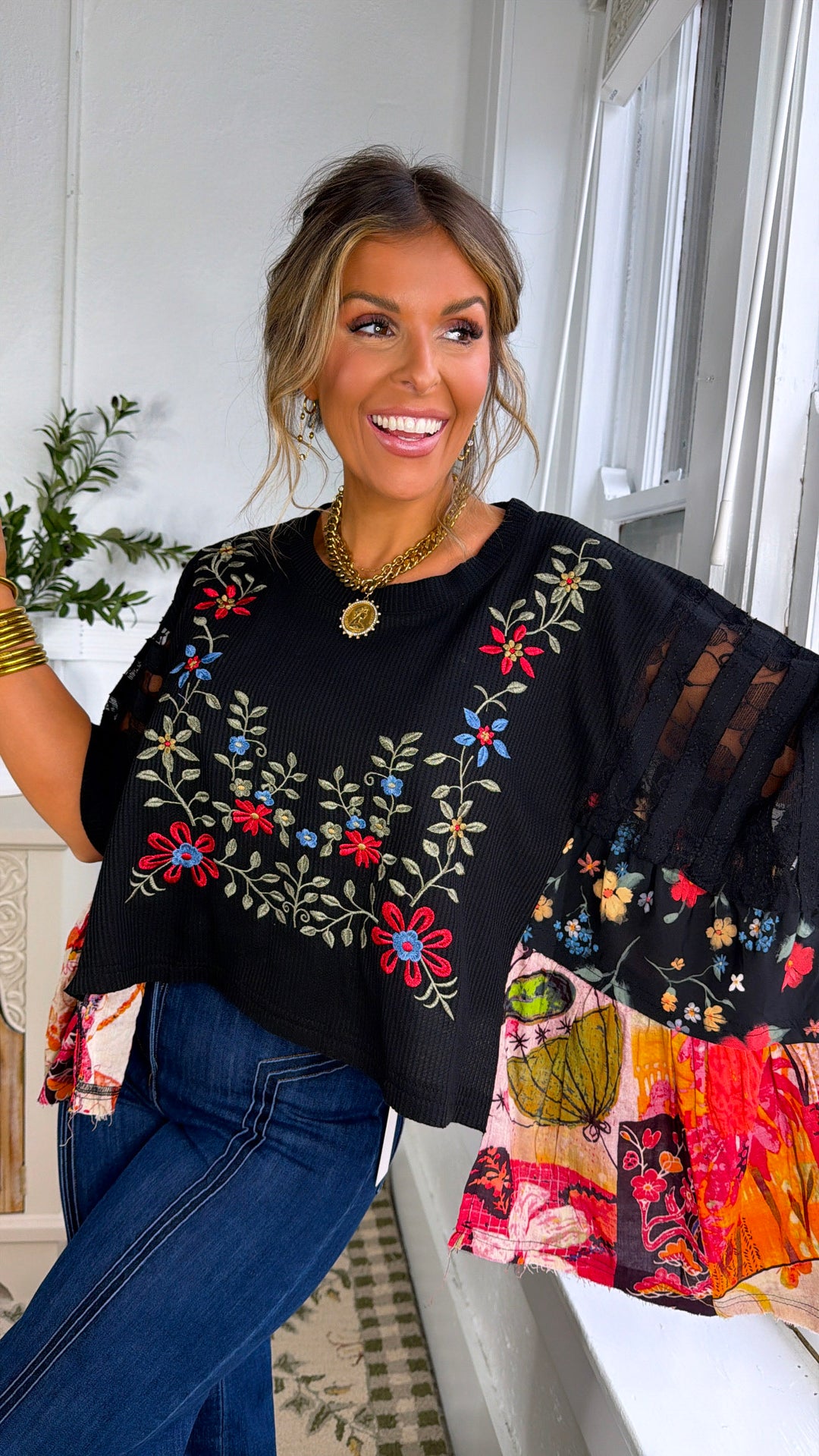 Gabriella Floral Top, Black