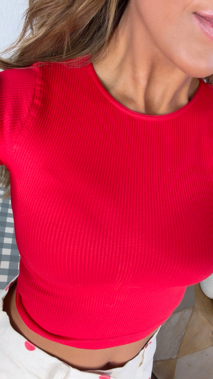 Ribbed Cropped Baby Tee, Pure Red