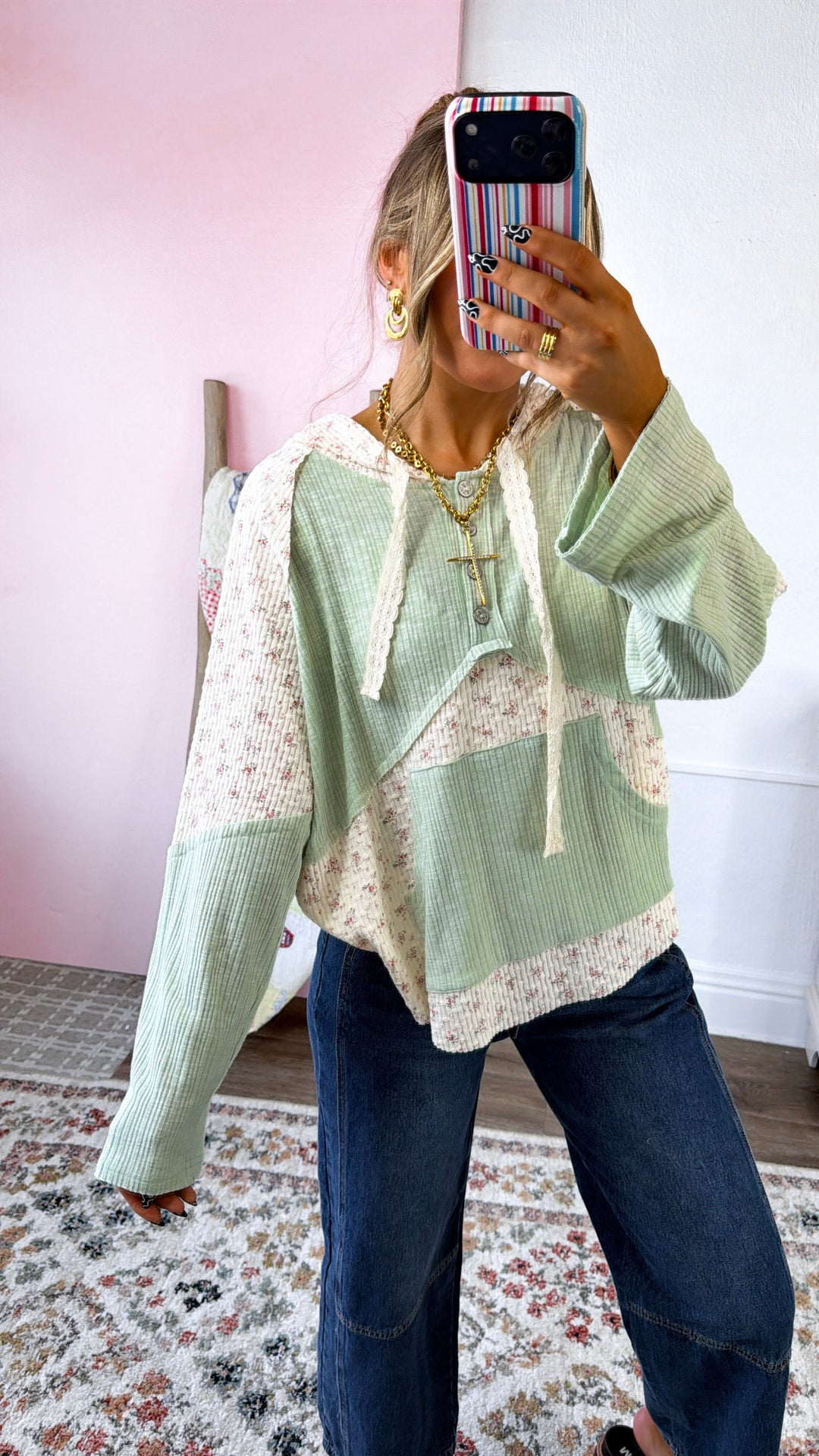 Camille Floral Long Sleeve Top, Sage/Natural