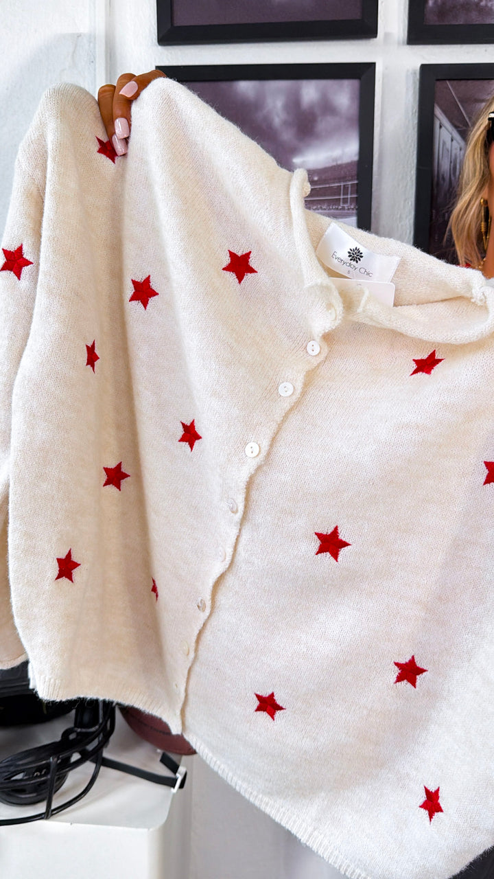 Star Shot Knit Cardigan, Red/Cream