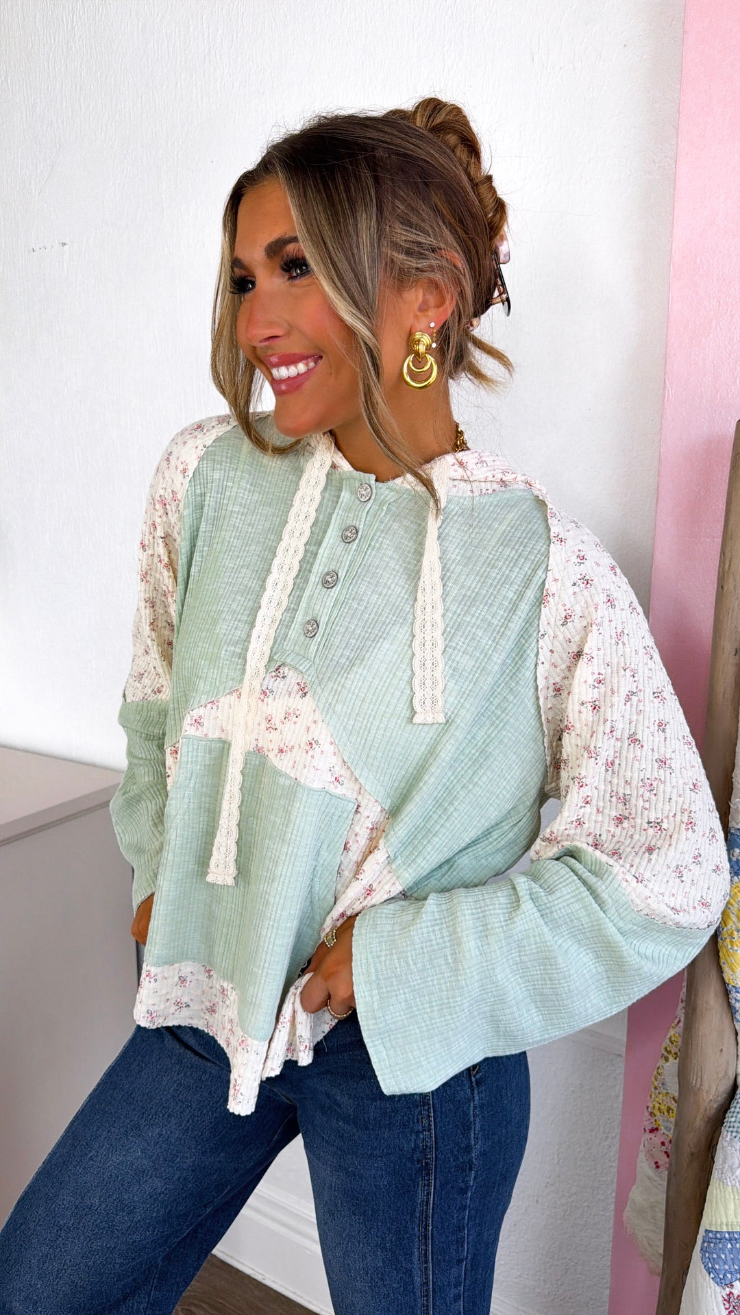 Camille Floral Long Sleeve Top, Sage/Natural