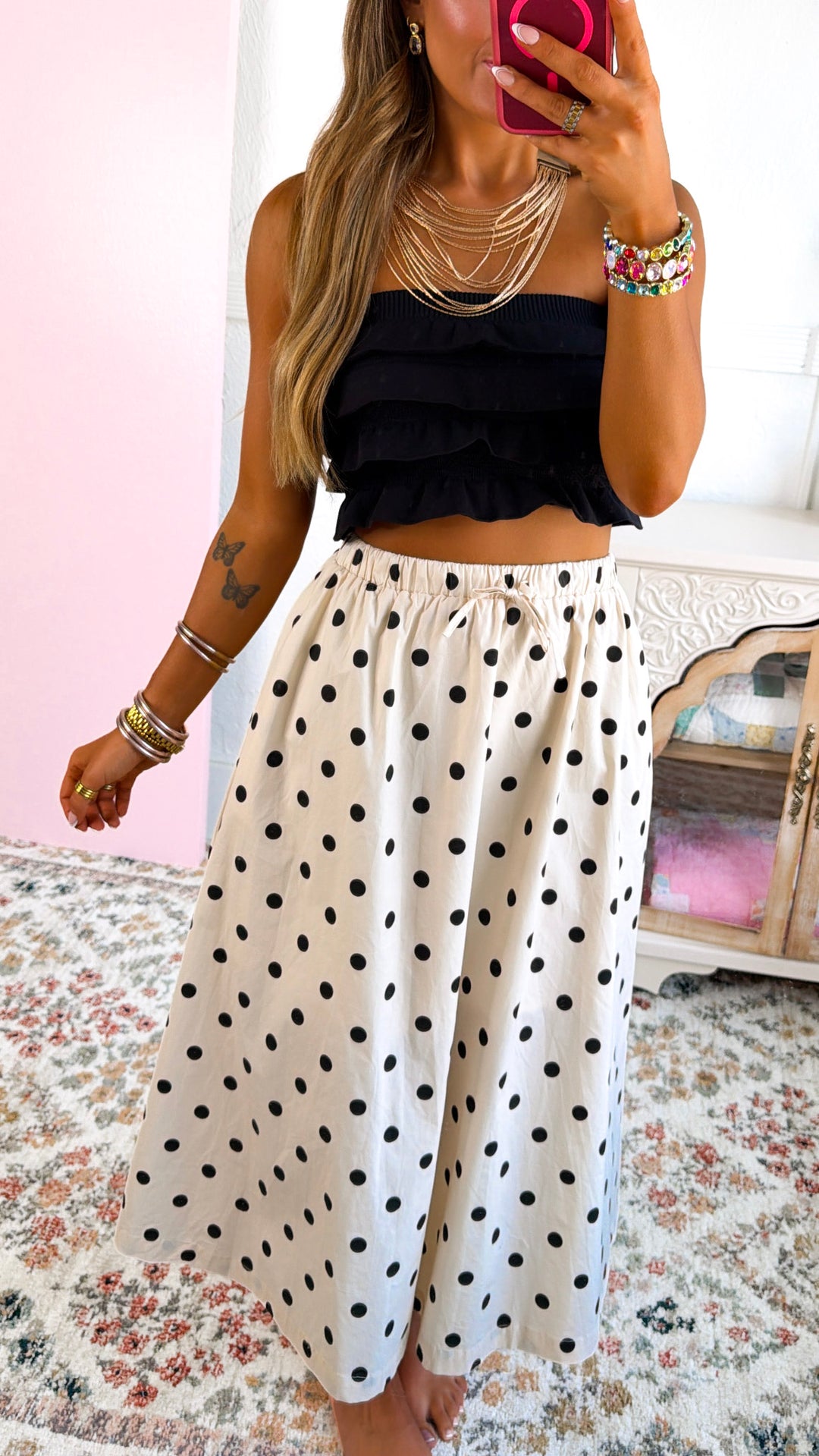 Polka Dot Midi Skirt, Cream/Black