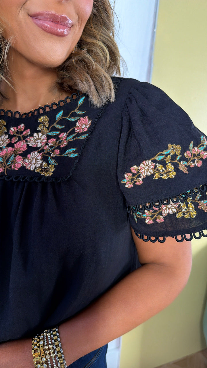 Sweet As Can Be Floral Embroidered Ruffle Sleeve Top, Black
