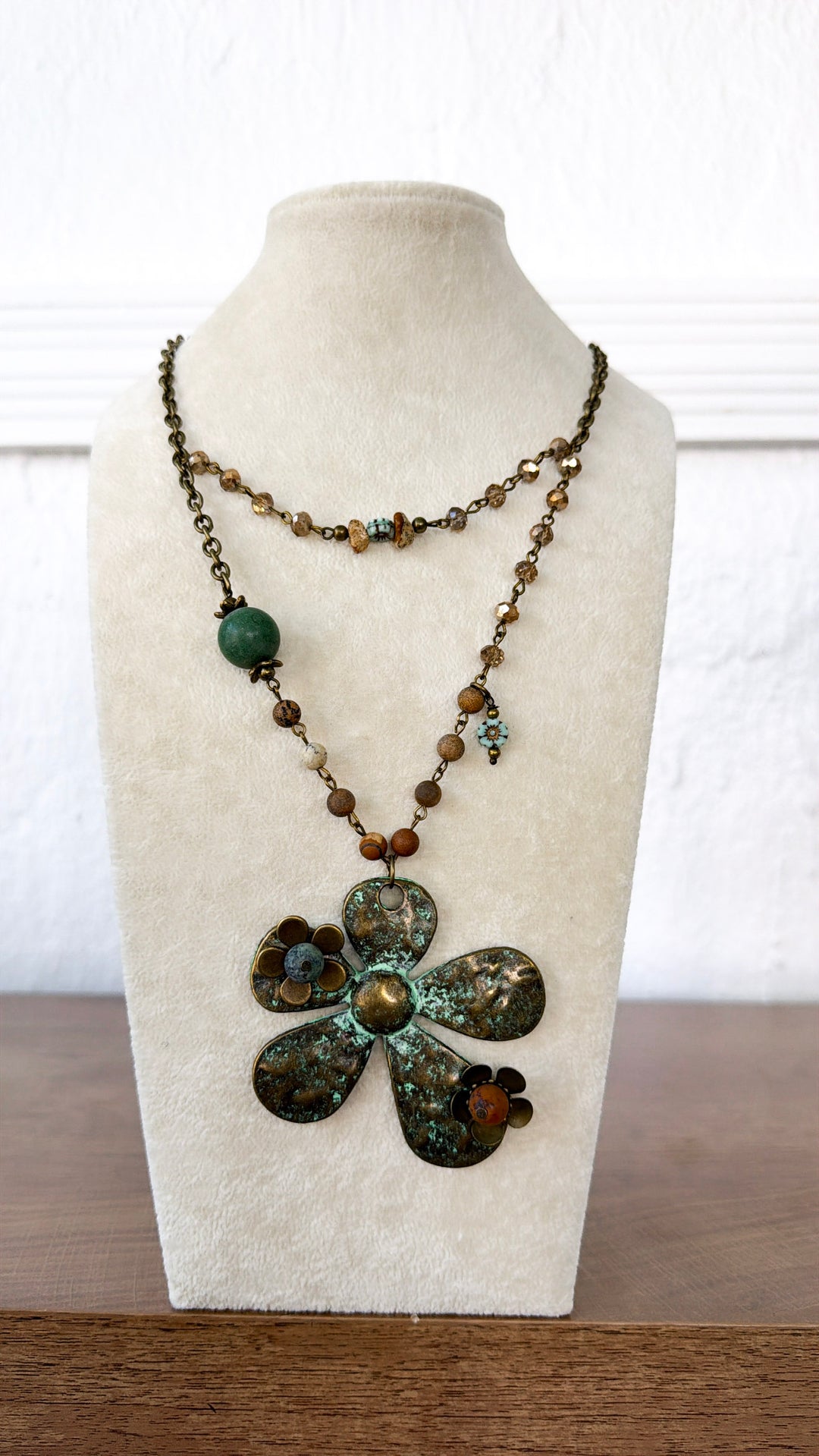 Patina 3D Flower & Czech Layered Necklace