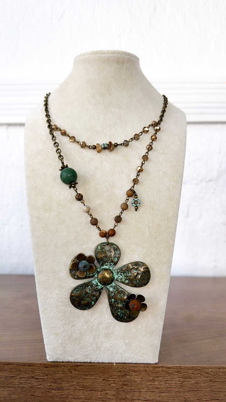 Patina 3D Flower & Czech Layered Necklace