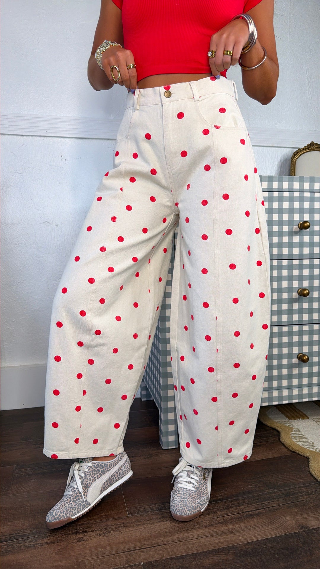Polka Dot Princess Barrel Pant, Cream/ Red