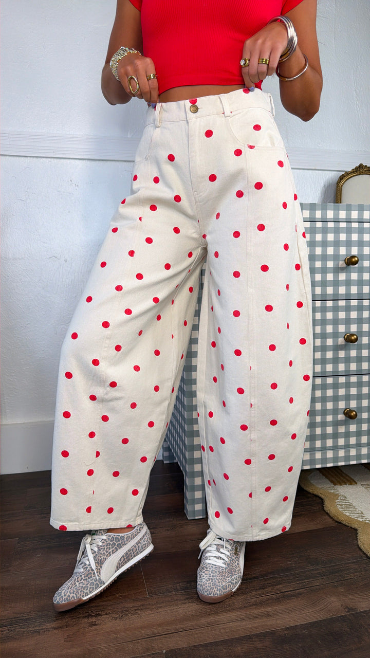 Polka Dot Princess Barrel Pant, Cream/ Red