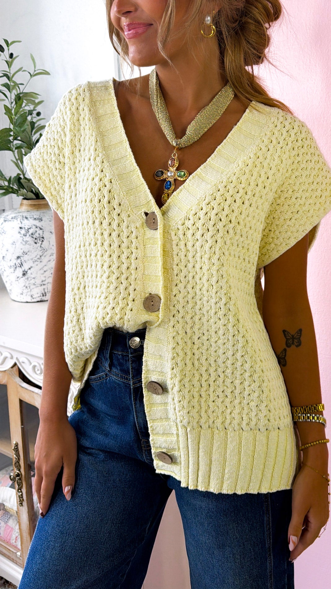 Collins Button Sweater Vest, Lt. Lemon