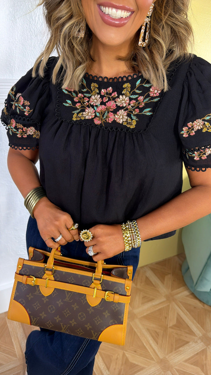 Sweet As Can Be Floral Embroidered Ruffle Sleeve Top, Black