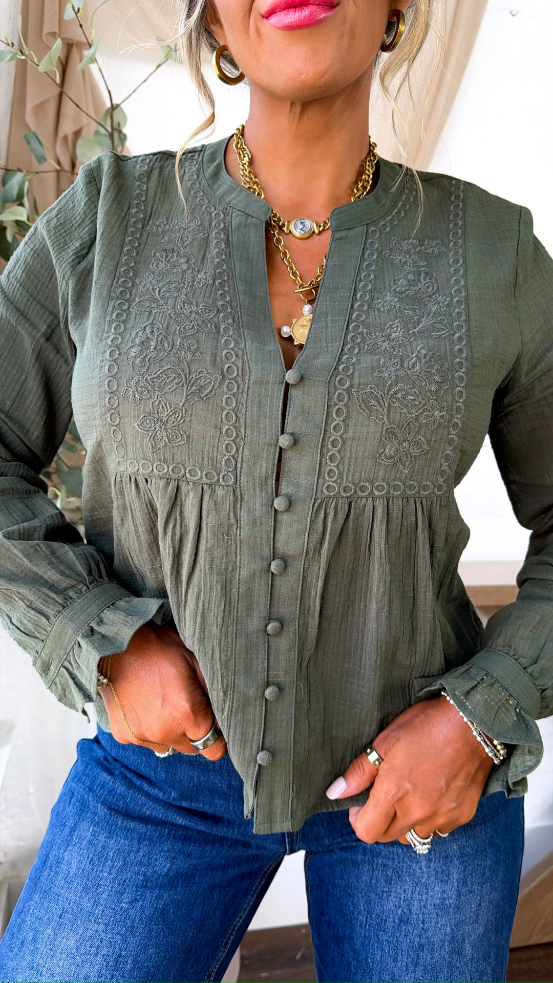 Embroidered Button Down Blouse, Olive